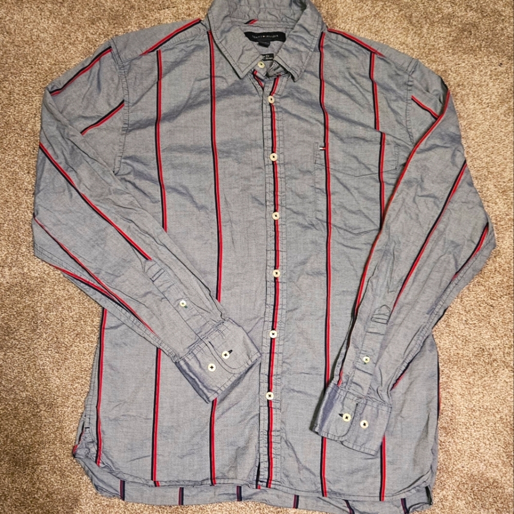 Tommy Hilfiger Denim Shirt Red Blue Stripe Mens Large Custom Fit Classic Look
